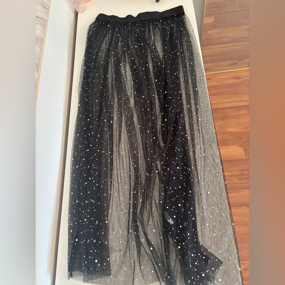 iHeartRaves Black Sheer Skirt with Silver Details